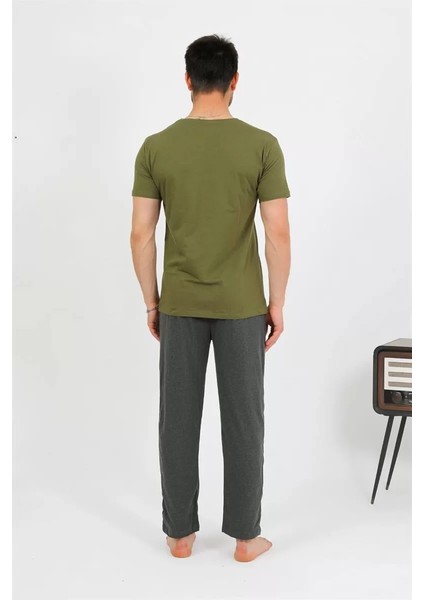 Erkek Pamuk Kısa Kol Pijama Takım Haki