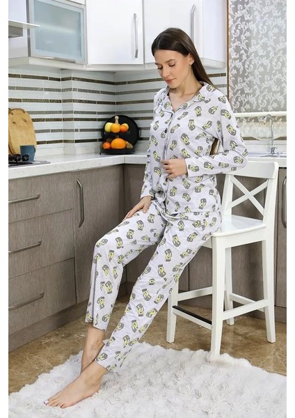 Kadın Pamuk Penye Önden Düğmeli Uzun Kol Pijama Takım Gri fiyatları