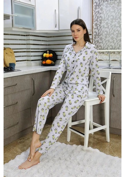 Kadın Pamuk Penye Önden Düğmeli Uzun Kol Pijama Takım Gri fırsatları