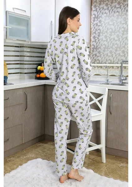 Kadın Pamuk Penye Önden Düğmeli Uzun Kol Pijama Takım Gri indirimleri