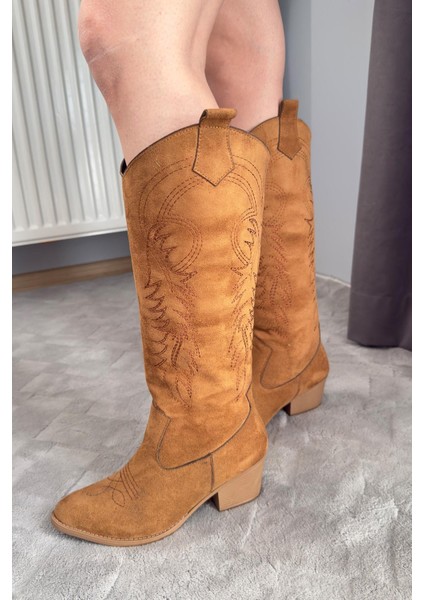 Kadın Jasire Taba Süet Nakışlı Western Kovboy Cowgirl Bot Çizme