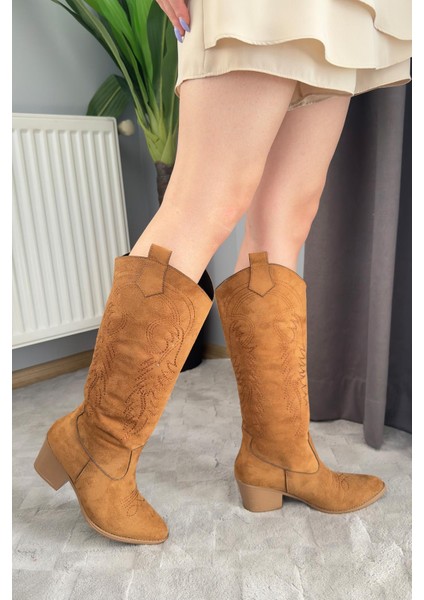 Kadın Jasire Taba Süet Nakışlı Western Kovboy Cowgirl Bot Çizme modelleri