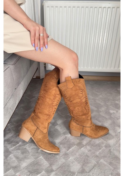 Kadın Jasire Taba Süet Nakışlı Western Kovboy Cowgirl Bot Çizme fırsatları