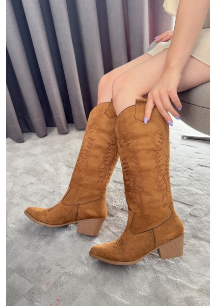 Kadın Jasire Taba Süet Nakışlı Western Kovboy Cowgirl Bot Çizme indirimleri