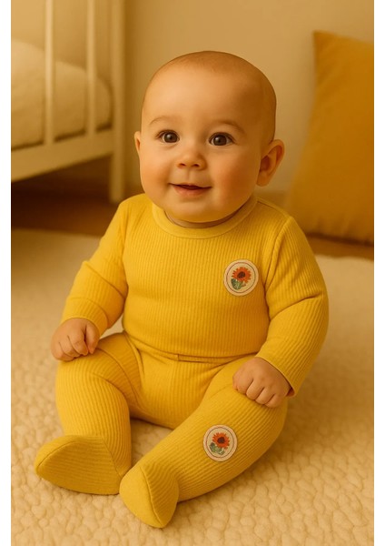 Ayçiçek Desenli Waffle Kumaş 2 Li Zıbınlı Takım