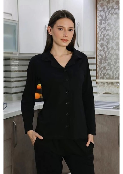 Kadın Pamuk Penye Önden Düğmeli Uzun Kol Pijama Takım Siyah fiyatları