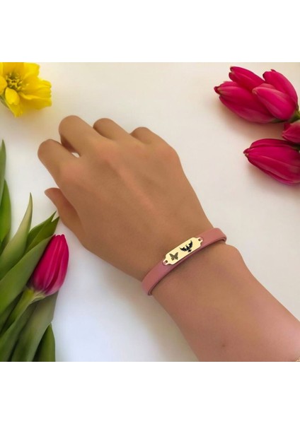 14 Ayar Altın Plakalı Kral Kartal Temalı Koyu Pembe Derili Kelebek Motifli Hediye BILEKLIK-654SEMBOL