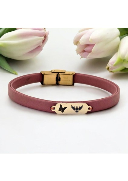 14 Ayar Altın Plakalı Kral Kartal Temalı Koyu Pembe Derili Kelebek Motifli Hediye BILEKLIK-654SEMBOL fiyatları