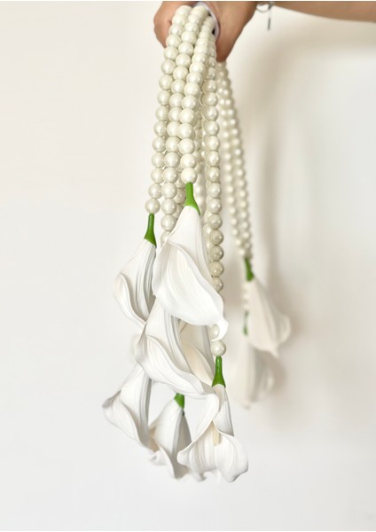 Sarkan Incili Gala Gelin Çiçeği - Özel Tasarım Gelin Buketi - El Buketi - El Çiçeği - 16 Adet Gala