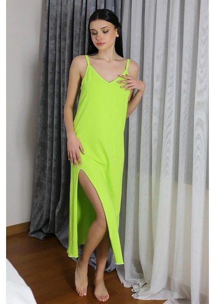 Kadın Ip Askılı Uzun Yırtmaçlı Pamuk Penye Gecelik Yeşil fiyatları