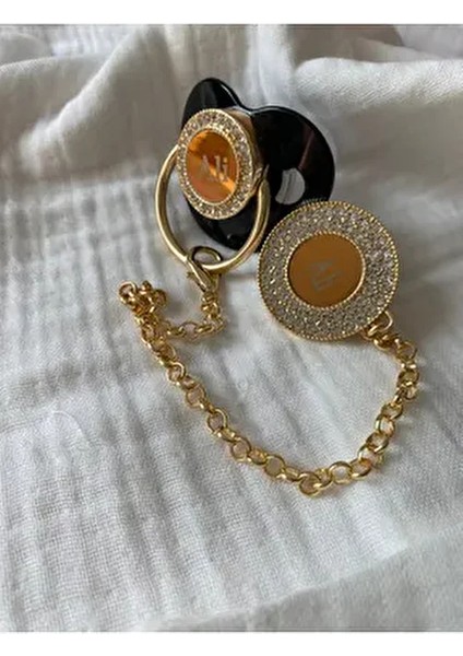 Isme Özel Altın Kaplama Zirkon Taşlı Bebek Emzik Seti (0-6 Ay) | Silikon & Damaklı Siyah Renk