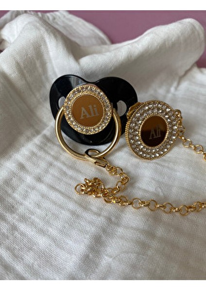 Isme Özel Altın Kaplama Zirkon Taşlı Bebek Emzik Seti (0-6 Ay) | Silikon & Damaklı Siyah Renk modelleri