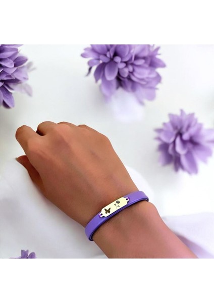 14 Ayar Plakalı Altın Gül Temalı Kelebek Figürlü Doğal Mor Derili Hediye BILEKLIK-653SEMBOL