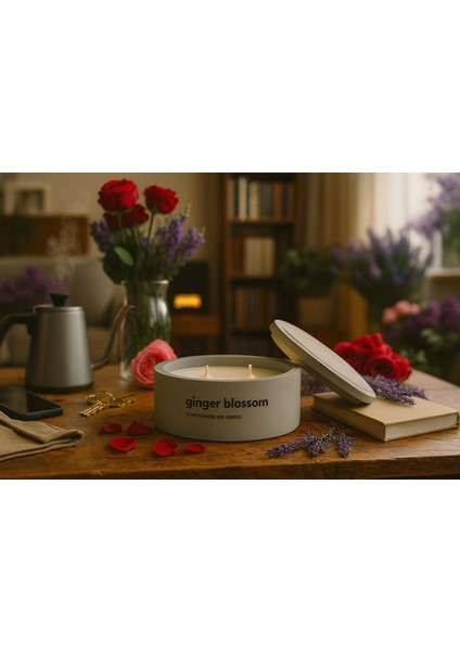 Dekoratif El Yapımı Yatay Mum : Çift Fitilli : Kokulu Soya Mum : Ginger Blossom