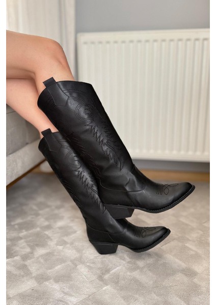 Kadın Jasire Siyah Deri Nakışlı Western Kovboy Cowgirl Bot Çizme modelleri