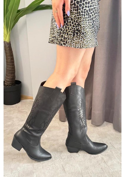 Kadın Jasire Siyah Deri Nakışlı Western Kovboy Cowgirl Bot Çizme fırsatları