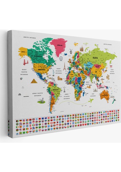 Türkçe Dünya Haritası Eğitici-Öğretici Sembollü Bayraklı Dekoratif Kanvas Tablo 2870