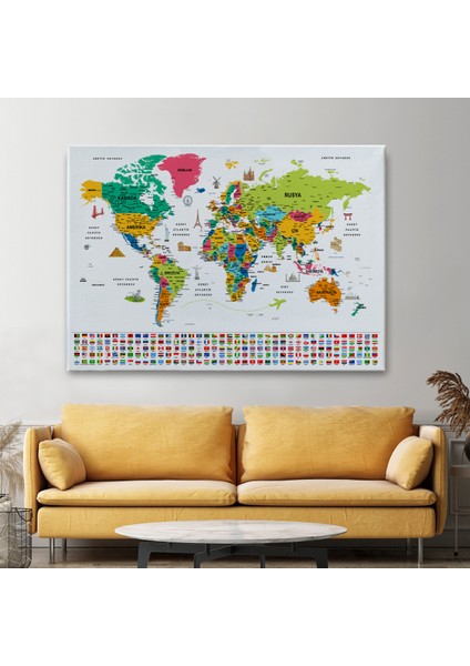 Türkçe Dünya Haritası Eğitici-Öğretici Sembollü Bayraklı Dekoratif Kanvas Tablo 2870 fiyatları