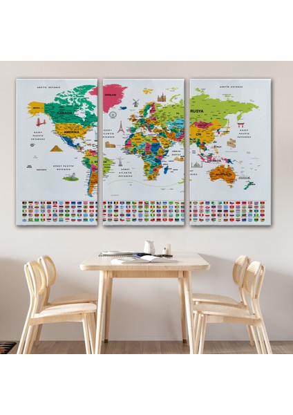 Türkçe Dünya Haritası Eğitici-Öğretici Sembollü Bayraklı Dekoratif Kanvas Tablo 2870 modelleri