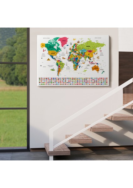 Türkçe Dünya Haritası Eğitici-Öğretici Sembollü Bayraklı Dekoratif Kanvas Tablo 2870 indirimleri