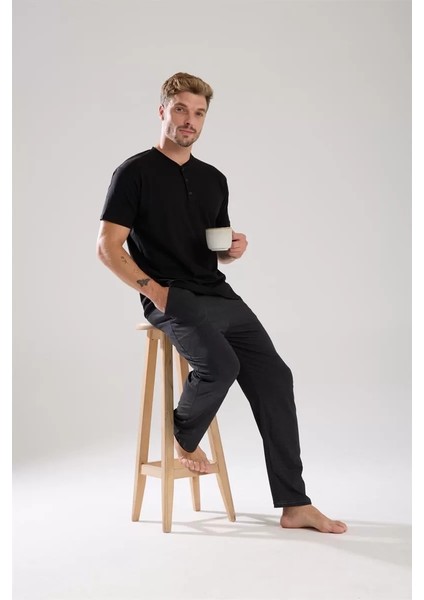 Erkek Füme Düğmeli Yaka Kısa Kol Pijama Takımı indirimleri