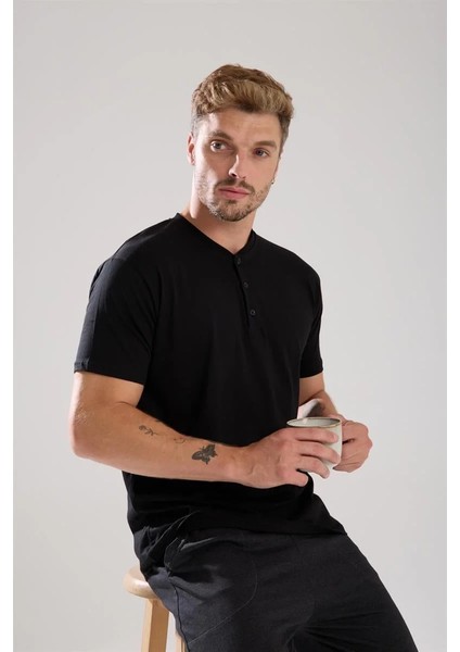 Erkek Füme Düğmeli Yaka Kısa Kol Pijama Takımı