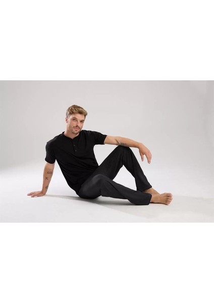 Erkek Füme Düğmeli Yaka Kısa Kol Pijama Takımı