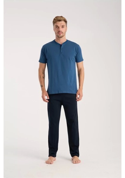 Erkek Indigo Düğmeli Yaka Kısa Kol Pijama Takımı