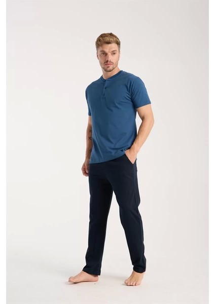 Erkek Indigo Düğmeli Yaka Kısa Kol Pijama Takımı fiyatları