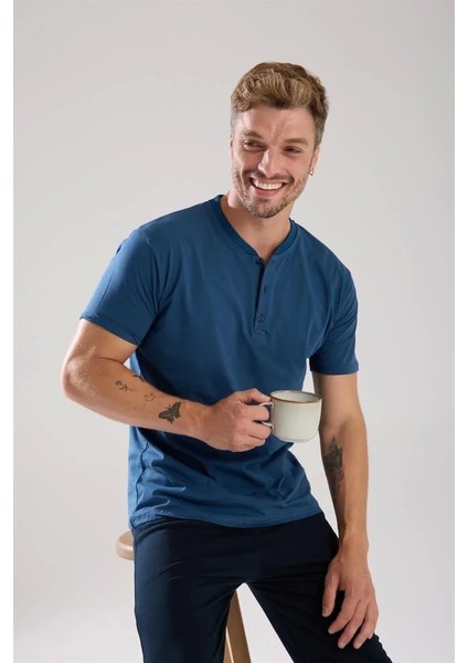 Erkek Indigo Düğmeli Yaka Kısa Kol Pijama Takımı modelleri