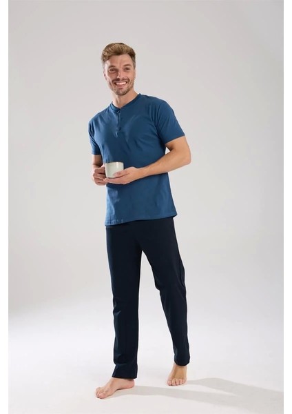 Erkek Indigo Düğmeli Yaka Kısa Kol Pijama Takımı fırsatları