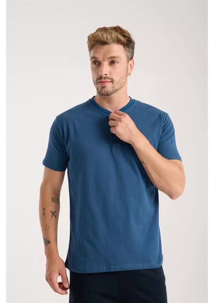 Erkek Indigo Düğmeli Yaka Kısa Kol Pijama Takımı