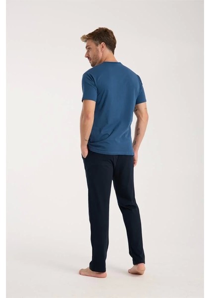 Erkek Indigo Düğmeli Yaka Kısa Kol Pijama Takımı