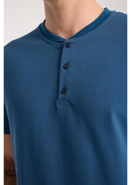 Erkek Indigo Düğmeli Yaka Kısa Kol Pijama Takımı