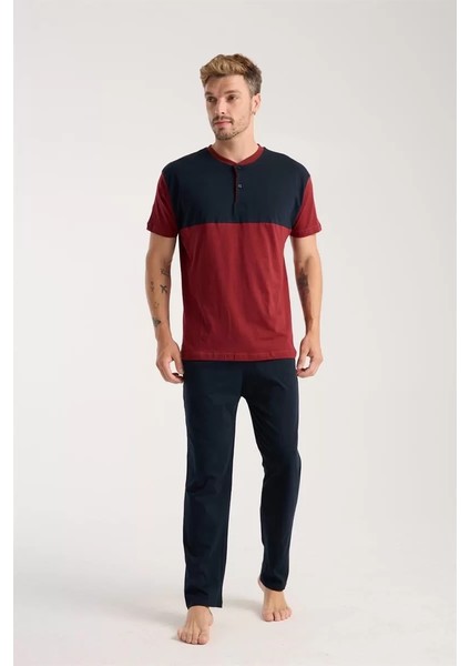 Erkek Bordo Düğmeli Yaka Kısa Kol Pijama Takımı fırsatları
