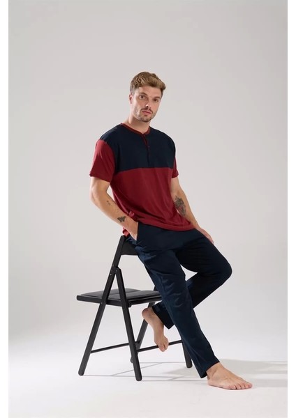 Erkek Bordo Düğmeli Yaka Kısa Kol Pijama Takımı