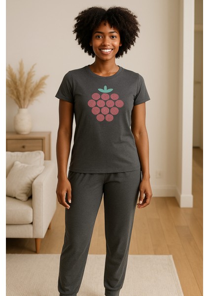 Kadın Kısa Kollu Gri Pijama Takımı Baskılı