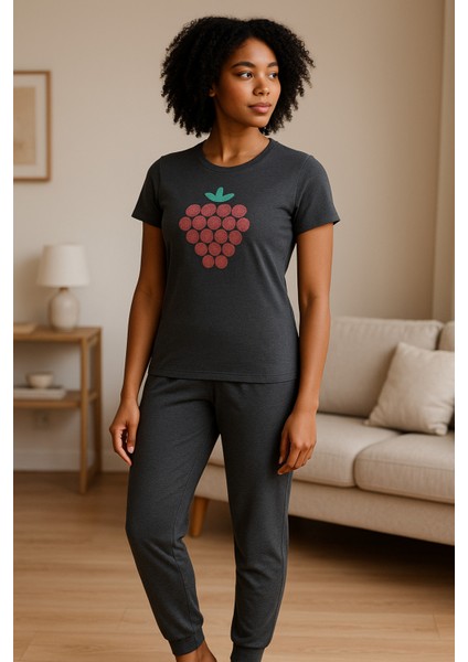 Kadın Kısa Kollu Gri Pijama Takımı Baskılı fiyatları