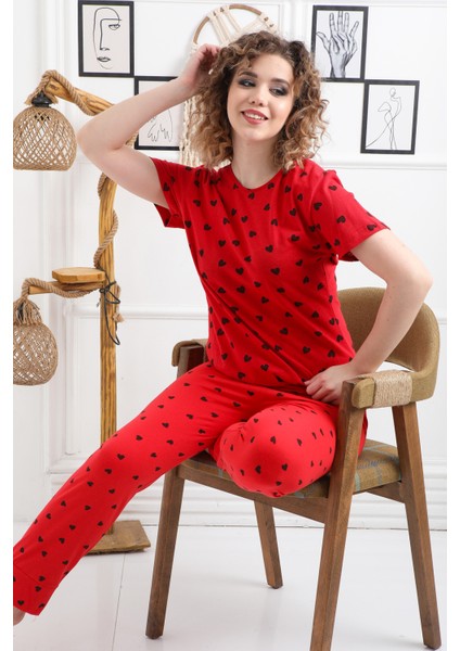 Kısa Kollu Kırmızı Kadın Pijama Kalpli
