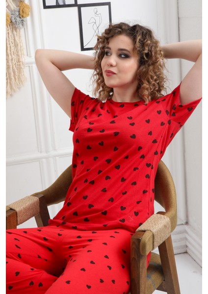 Kısa Kollu Kırmızı Kadın Pijama Kalpli fiyatları
