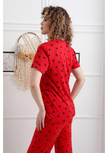 Kısa Kollu Kırmızı Kadın Pijama Kalpli indirimleri