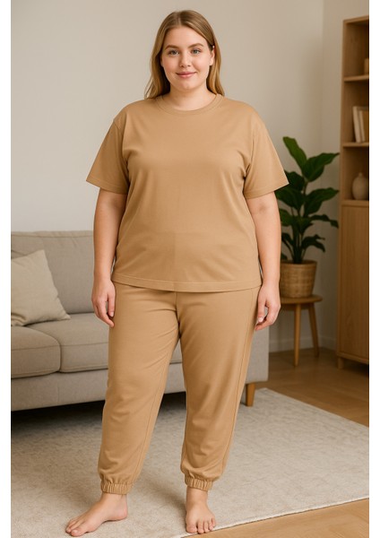 Kadın Büyük Beden Pijama Takımı Kısa Kollu Bej Rengi