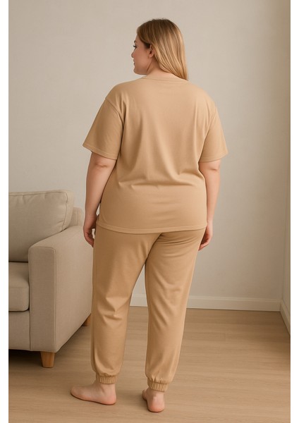 Kadın Büyük Beden Pijama Takımı Kısa Kollu Bej Rengi fırsatları