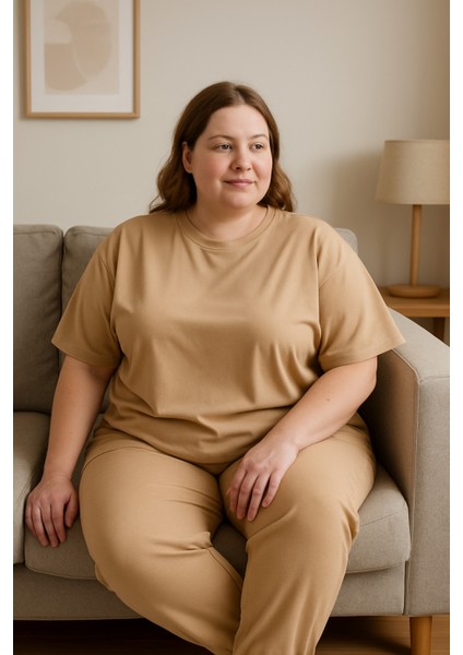 Kadın Büyük Beden Pijama Takımı Kısa Kollu Bej Rengi indirimleri