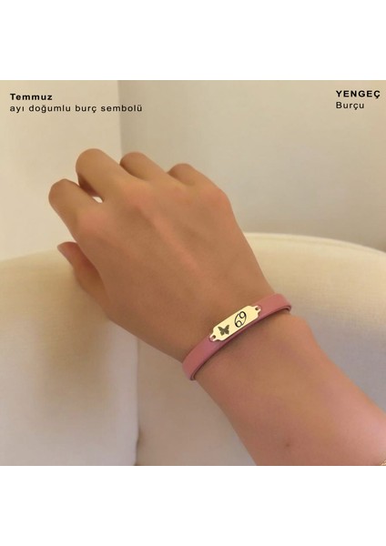 14 Ayar Plakalı Altın Temmuz Ayı Doğumlarına Kelebek Motifli Koyu Pembe Derili Hediye BILEKLIK-654AY