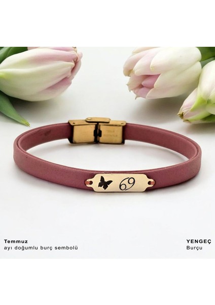 14 Ayar Plakalı Altın Temmuz Ayı Doğumlarına Kelebek Motifli Koyu Pembe Derili Hediye BILEKLIK-654AY fiyatları