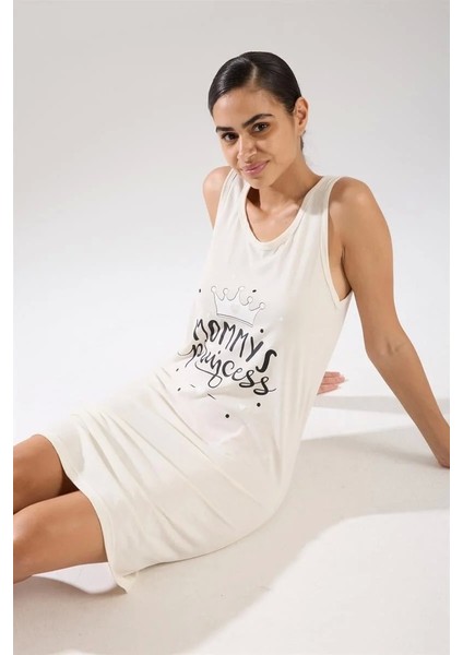 Kadın Kalın Askılı Penye Gecelik Ekru