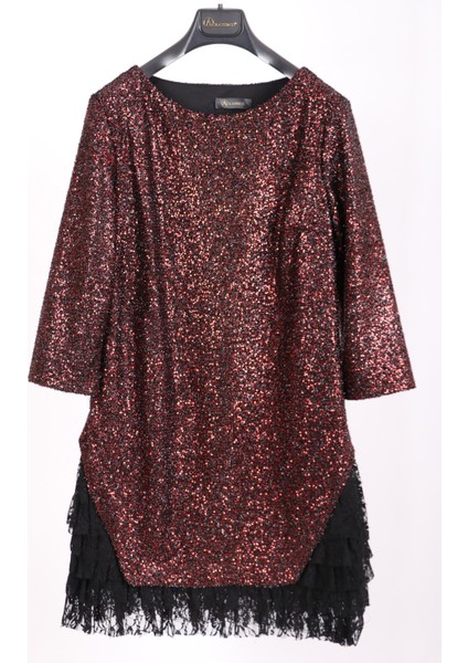 Kadın Bordo Payetli Dantelli Truvakar Kol Dizüstü Abiye Elbise