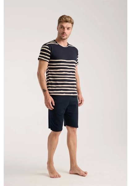 Erkek Lacivert Sıfır Yaka Kısa Kol Şortlu Pijama Takımı