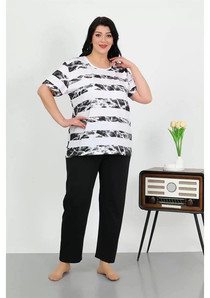 Kadın Büyük Beden Kısa Kol Penye Pijama Takımı Beyaz